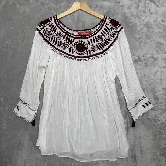 Nativa Tunic Top Womens Medium Embroidered Boho Peasant Blouse Tassel Bohemian - Picture 1 of 11